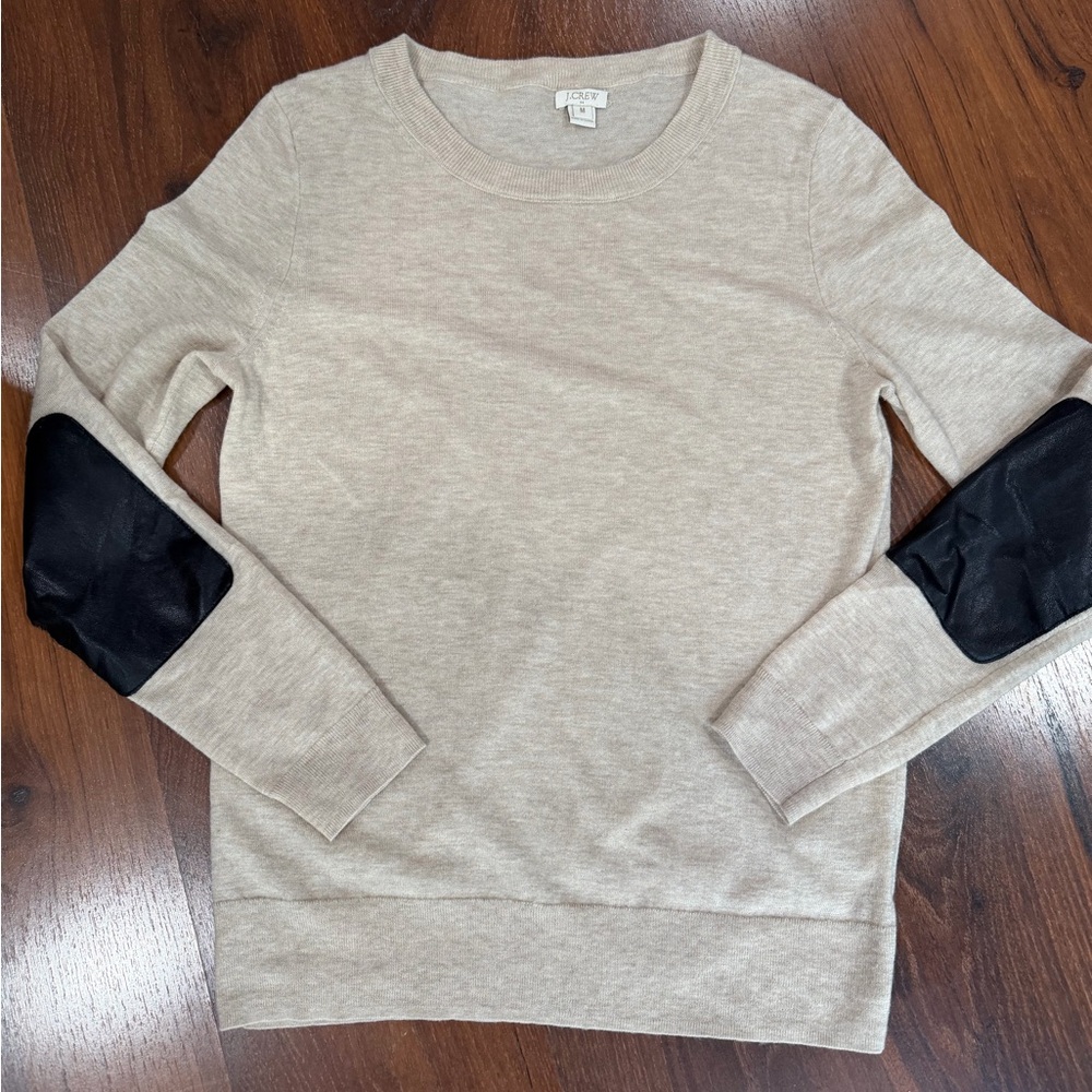 J. Crew Factory Beige Crewneck Sweater with Black Elbow Patches